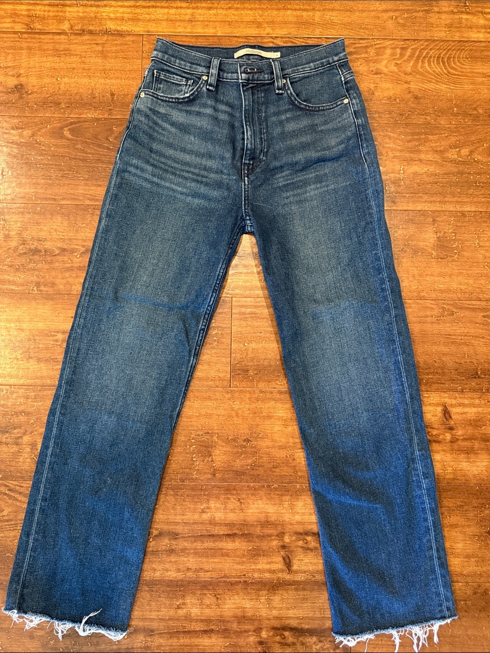 Hudson Jeans Straight-Leg Dark Blue Denim with Frayed Hem